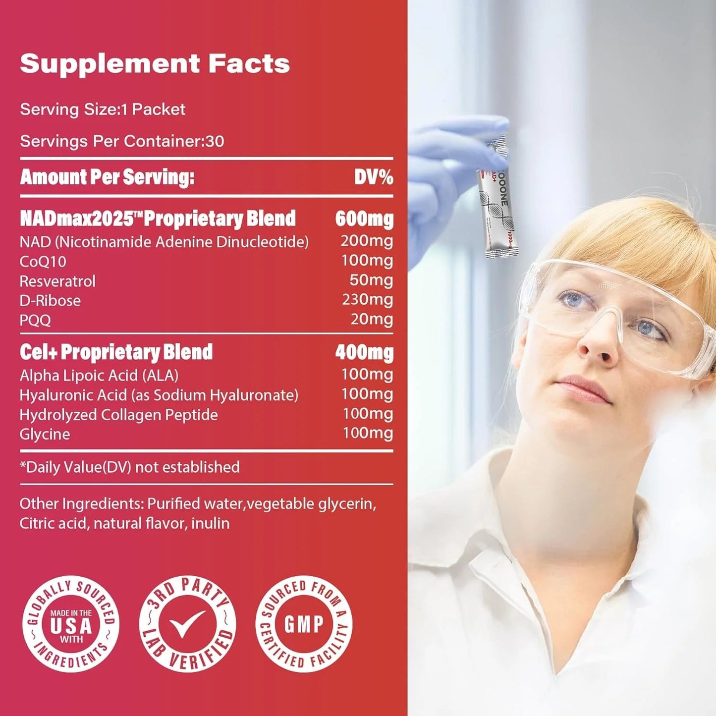 ZOOONE NR1000 NAD+ Drink Mix - Berry Flavor for Cellular Energy, Focus & Skin Aging Support - 30 Pack