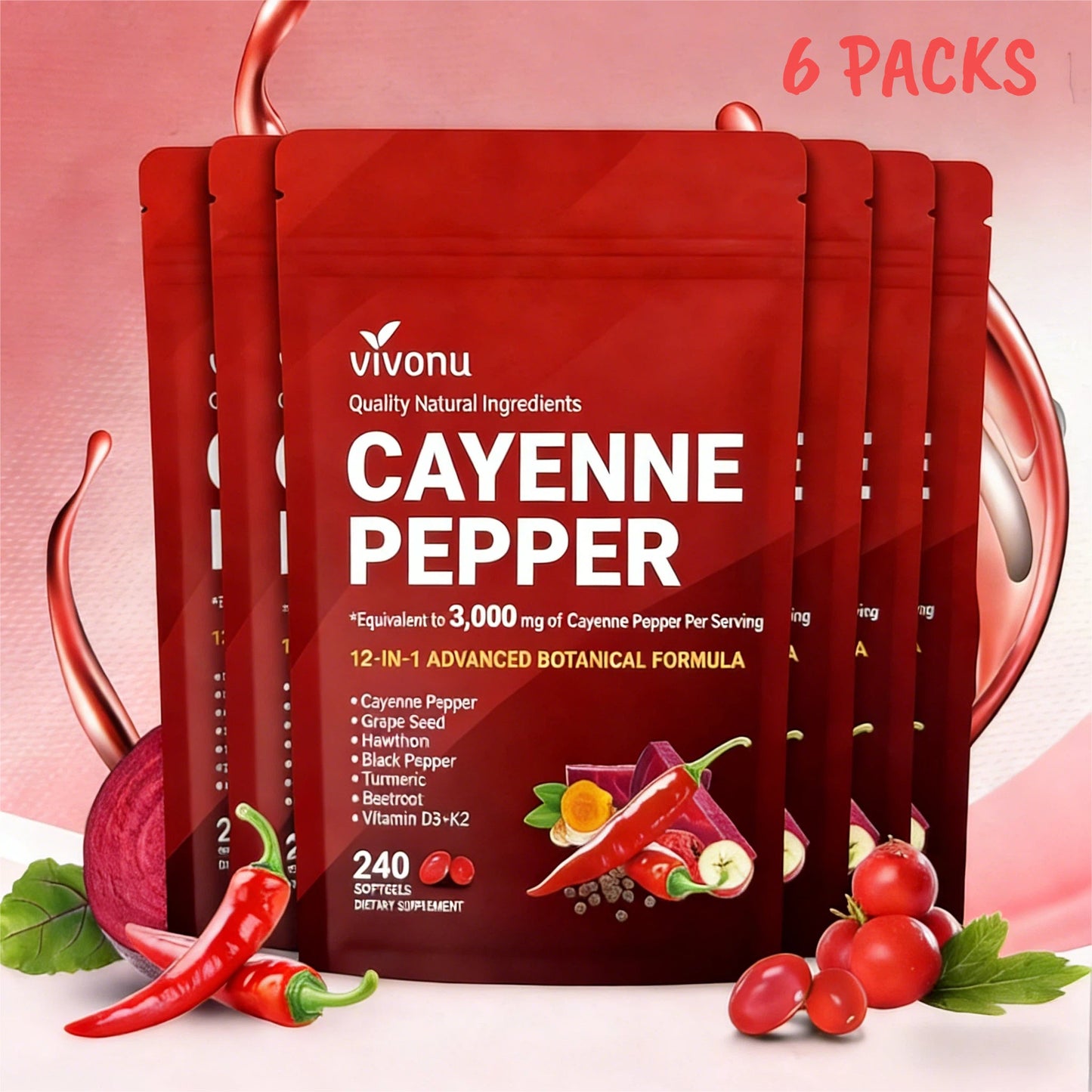(54.99/3PC)Cayenne Pepper Softgels Supplement, Supports Leg Vein, Heart and Blood Vessel Health, with Vitamin E D3+K2 and Beetrootand Others(3PACKS)