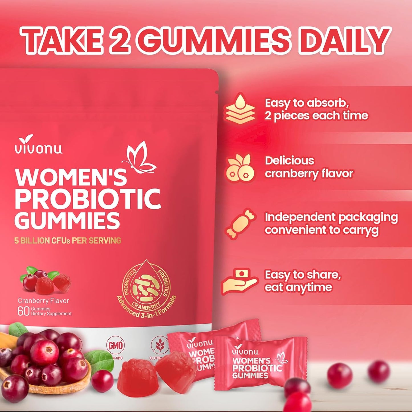 Feminine Balance Probiotic Gummies Vegan & Halal Formula for Yeast & pH Support | with Cranberry, 60 Gummies