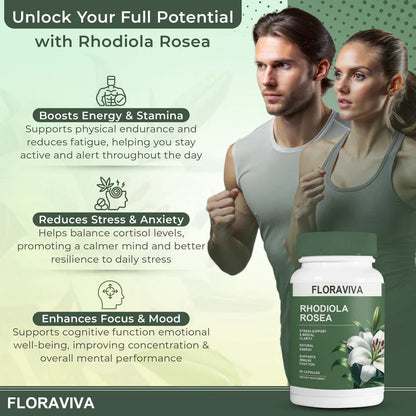 Rhodiola Rosea Capsules - Floravida for Energy, Focus, Mood - 60 Capsules.