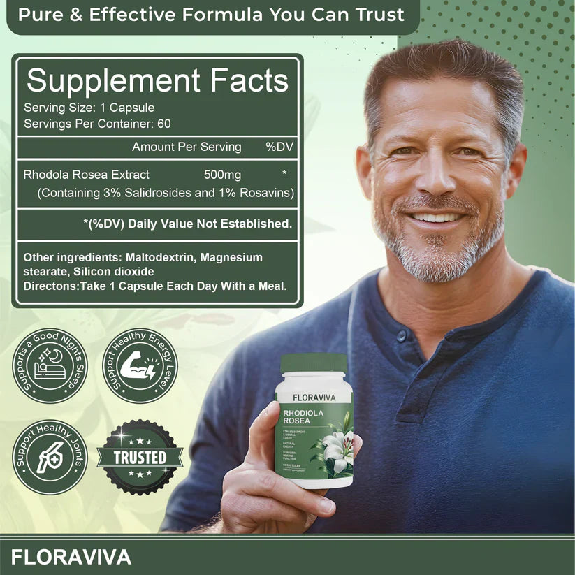 Rhodiola Rosea Capsules - Floravida for Energy, Focus, Mood - 60 Capsules.