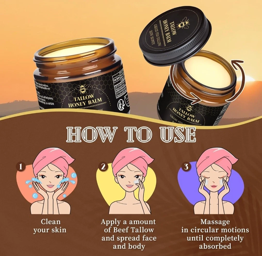 Organic Grass-Fed Beef Tallow Balm with Raw Honey - Moisturizing Cream for Soft, Smooth Skin - Handmade All-Natural Moisturizer 57g.