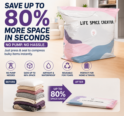 Save Up To 80% More Closet Space — No Vacuum Or Pump Required.Compress bulky bedding, blankets and seasonal clothing in seconds while keeping everything clean, dry and organized.
