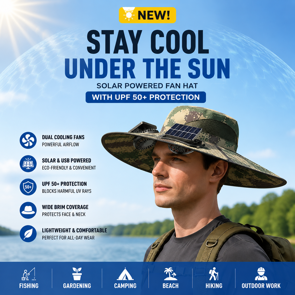 Solar Powered Fan Hat with 2 Removable Fans, Wide BrimSun Hat, UPF 50+ Bucket Fishing&Beach Hat, USB Solar