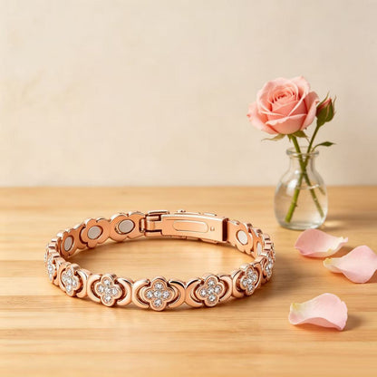 Feraco Women Pure Copper Clover Magnetic Bracelet, Zircon Inlay Adjustable Pain Relief Therapy Bangle