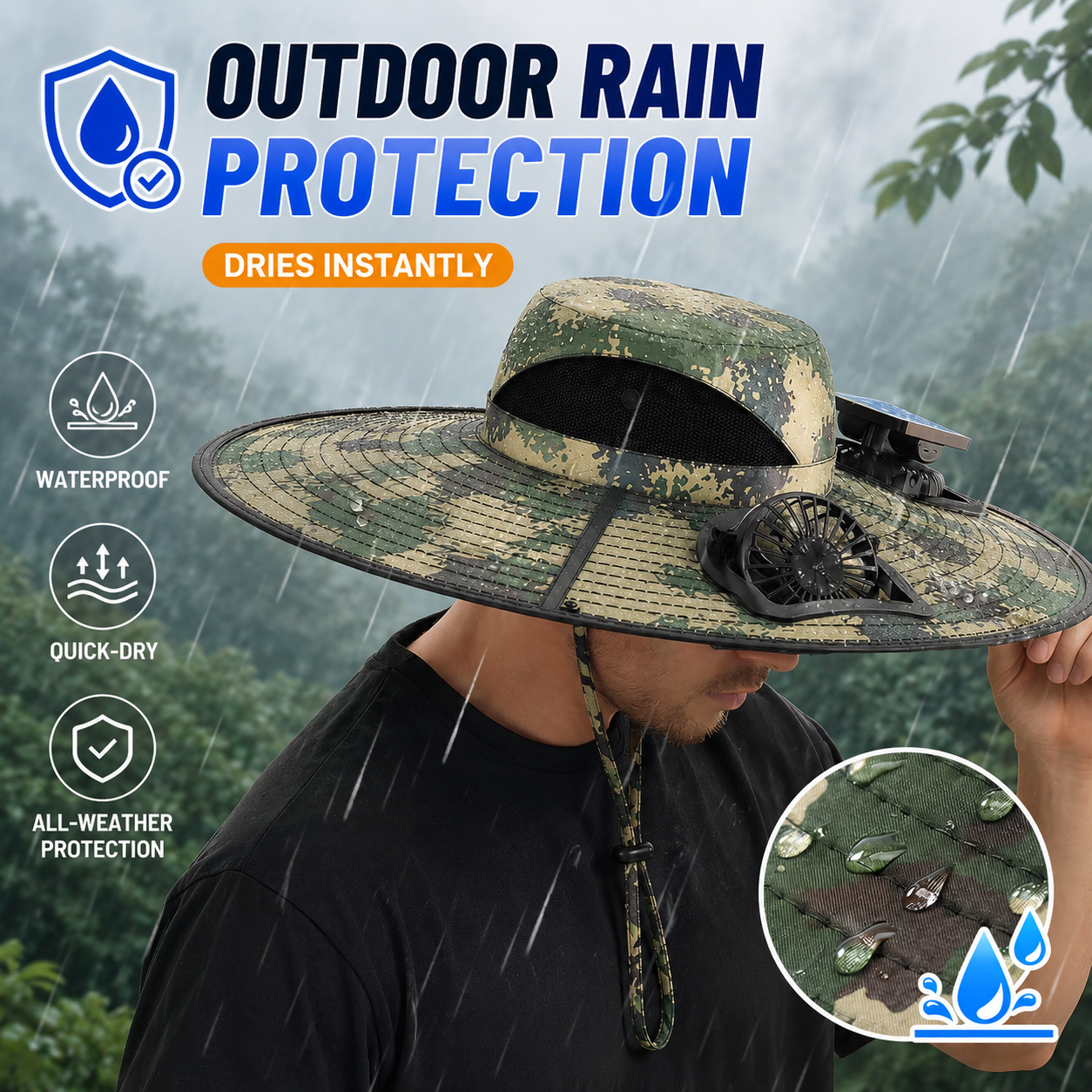 Solar Powered Fan Hat with 2 Removable Fans, Wide BrimSun Hat, UPF 50+ Bucket Fishing&Beach Hat, USB Solar