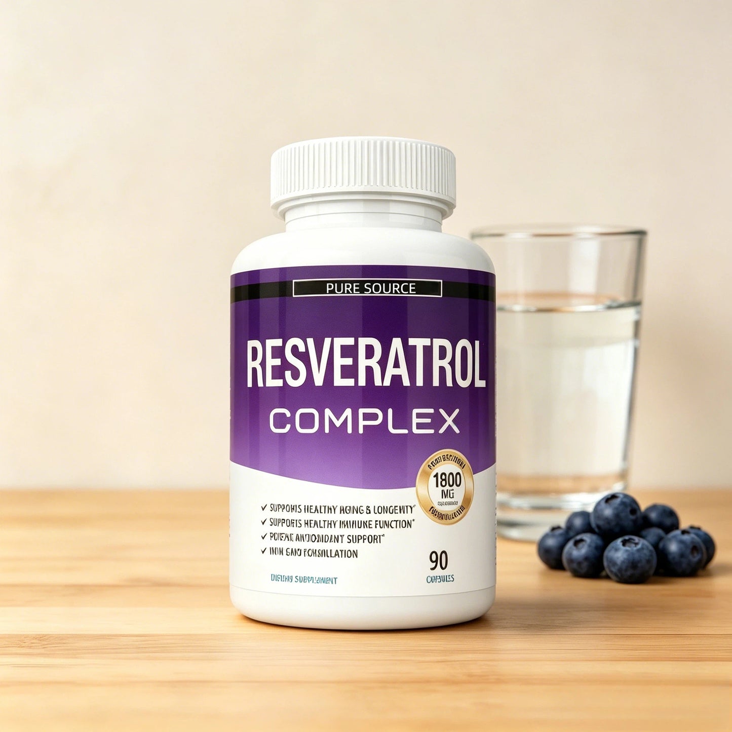 Resveratrol Supplement 1800 mg Antioxidant Complex - Overall Health Support,  Brain Function, for Men Women, 90 Capsules