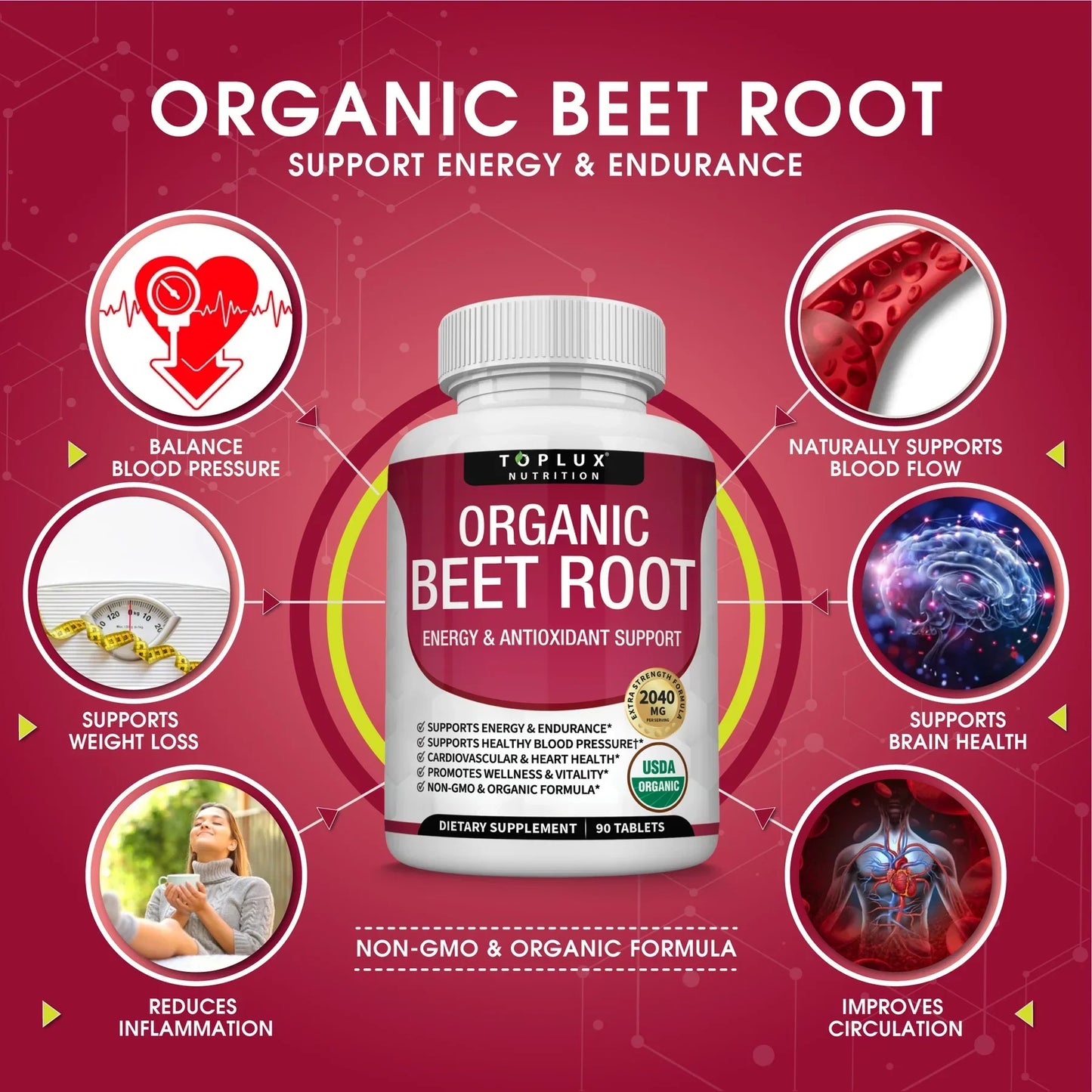 Organic Beet Root Powder Tablets 2040mg – Energy & Circulation Support (90 Ct)