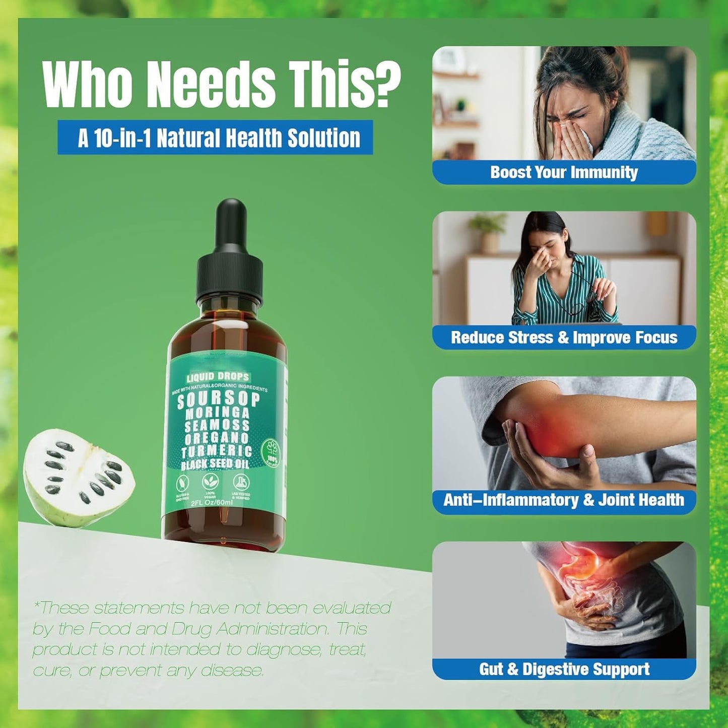10-in-1 Soursop Superfood Drops | Natural Herbal Essence with Moringa & Turmeric for Holistic Wellness | 100% Organic (60mL)