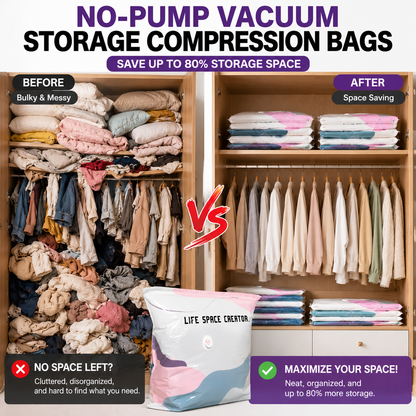 Save Up To 80% More Closet Space — No Vacuum Or Pump Required.Compress bulky bedding, blankets and seasonal clothing in seconds while keeping everything clean, dry and organized.