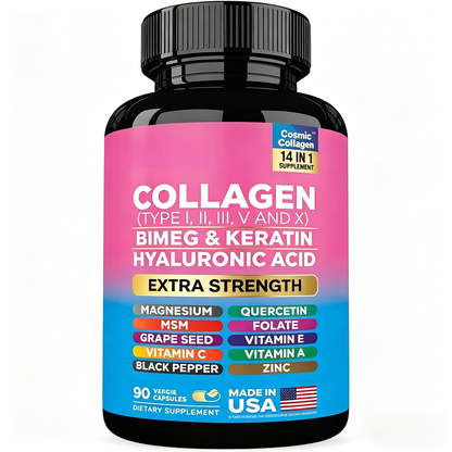 Collagen Pills Peptides (Types I,II,III,V,X) with Biotin, Keratin, Hyaluronic Acid, Vitamins & Minerals (90 Capsules)