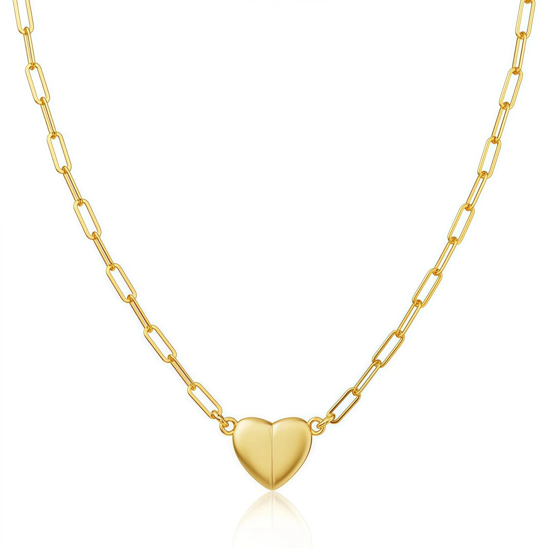 Gold Heart Pendant Magnetic Necklace – Paperclip Chain with Love Heart Pendant