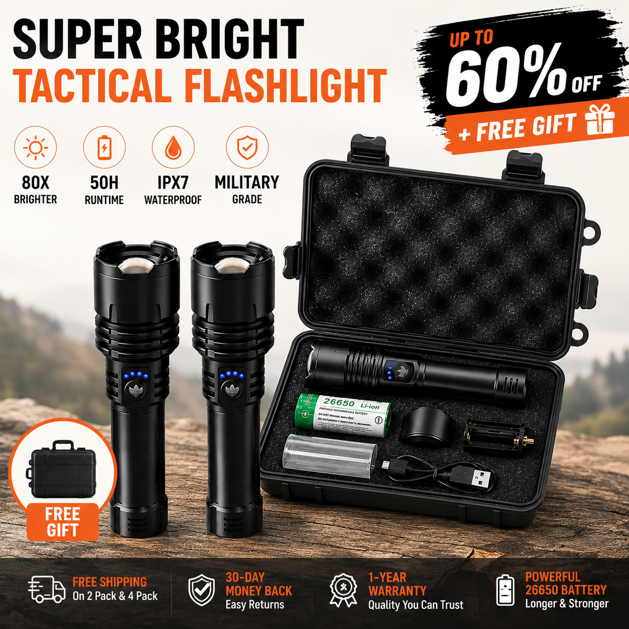 🔥60% OFF + FREE GIFT🔦 Super Bright Ultimate LED Tactical Flashlight, 80X Brightness, Cree LEDs, 50H Battery, Military Tough