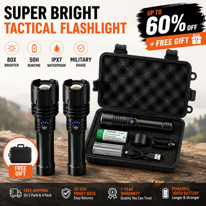 🔥60% OFF + FREE GIFT🔦 Super Bright Ultimate LED Tactical Flashlight, 80X Brightness, Cree LEDs, 50H Battery, Military Tough