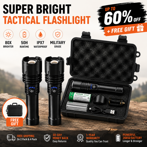 🔥60% OFF + FREE GIFT🔦 Super Bright Ultimate LED Tactical Flashlight, 80X Brightness, Cree LEDs, 50H Battery, Military Tough