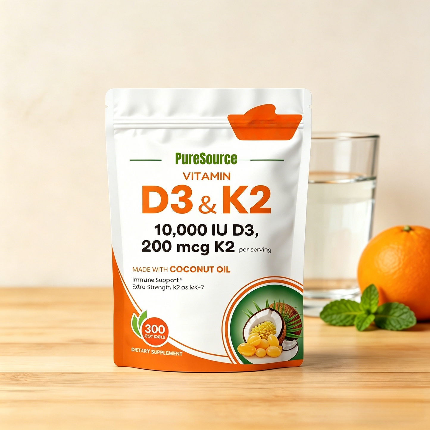 High-Potency Vitamin D3 K2 MK-7 | Complete Bone & Cardiovascular Support in Coconut Oil | 300 Softgels, Easy to Swallow