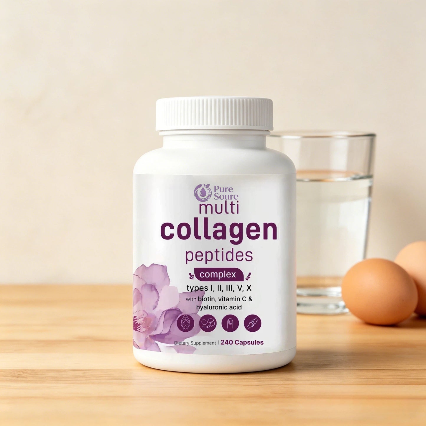 Multi Collagen Pills for Women & Men, 240 Capsules | Type I, II, III, V, X | Non-GMO, Filler Free