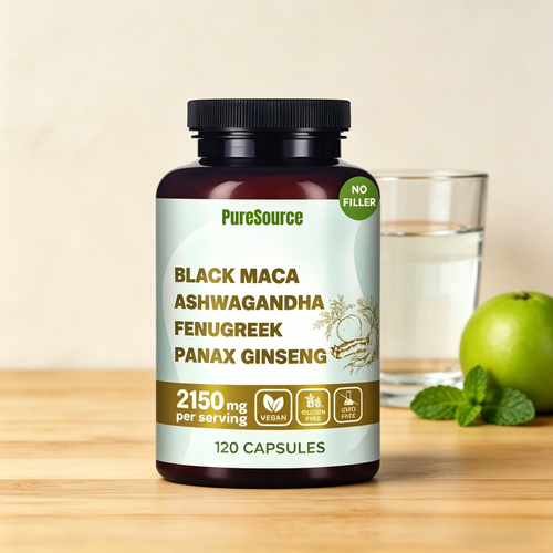 Why Not Natural 4-in-1 Organic Black Maca Root, Ashwagandha, Fenugreek, Panax Ginseng Capsules, Supplement for Men and Women