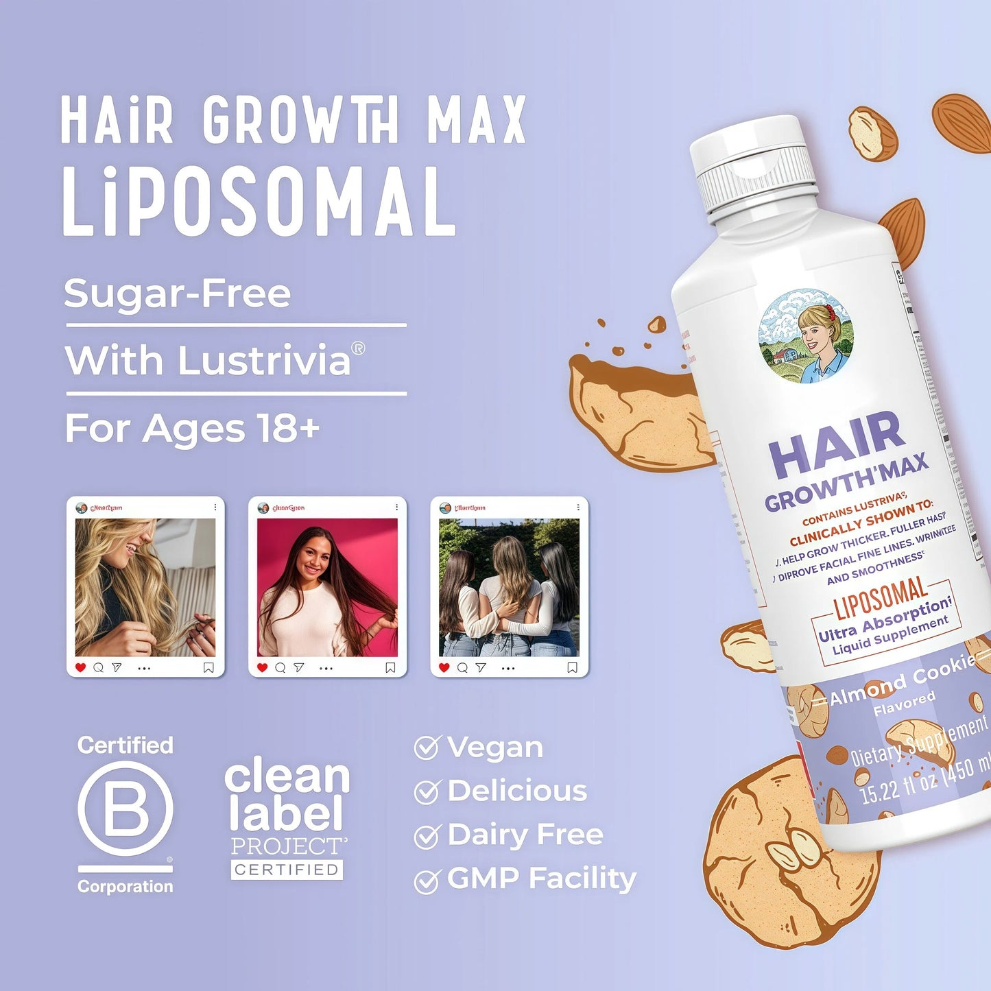 Organics Women's Hair Growth MAX Liposomal | with Lustriva + Biotin 10000mcg + Pumpkin Seed Oil | Thicker Hair | Hair Care | Wrinkles, Fine Lines, Skin Care | Ages 18+ | 15.22 Fl Oz