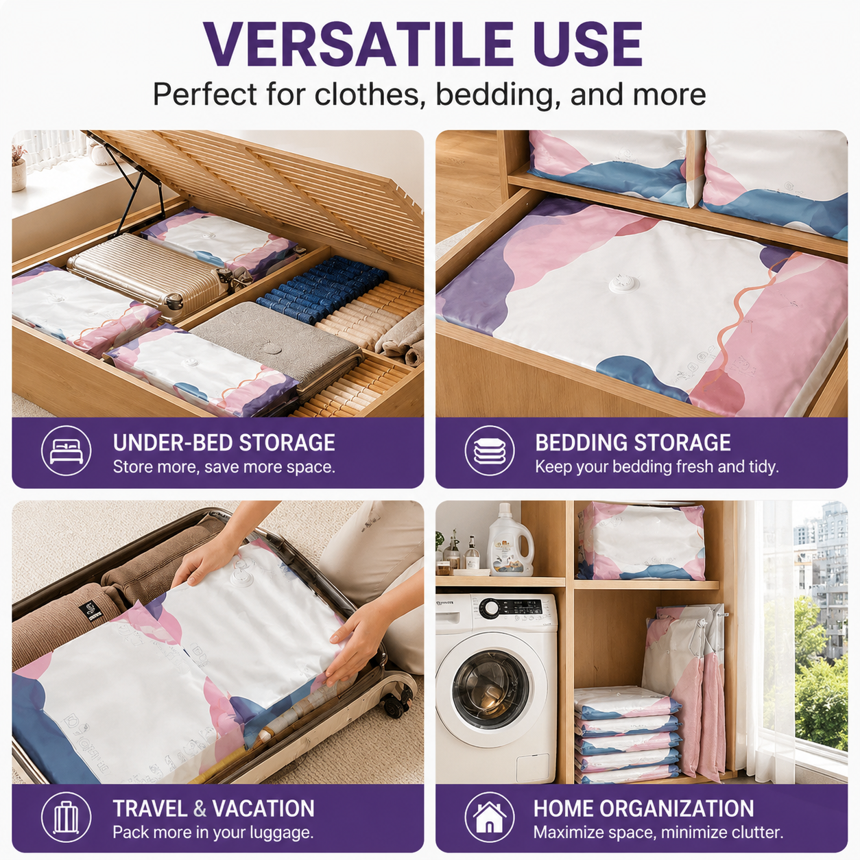 Save Up To 80% More Closet Space — No Vacuum Or Pump Required.Compress bulky bedding, blankets and seasonal clothing in seconds while keeping everything clean, dry and organized.