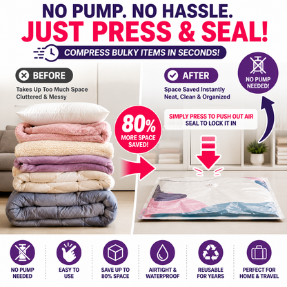 Save Up To 80% More Closet Space — No Vacuum Or Pump Required.Compress bulky bedding, blankets and seasonal clothing in seconds while keeping everything clean, dry and organized.