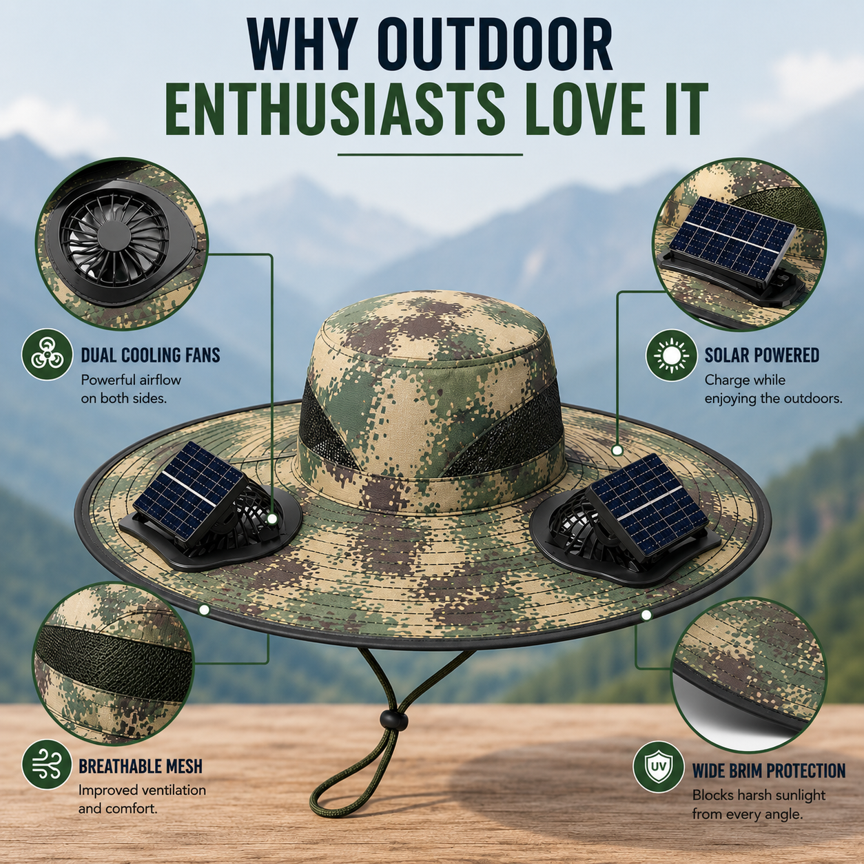 Solar Powered Fan Hat with 2 Removable Fans, Wide BrimSun Hat, UPF 50+ Bucket Fishing&Beach Hat, USB Solar