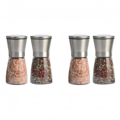 Stainless Steel Manual Salt & Pepper Grinder Set – Adjustable Coarseness, Refillable Glass Mills for Kitchen & BBQ