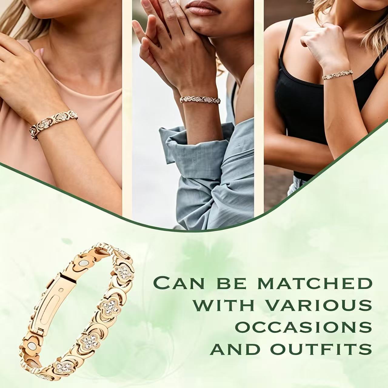 Feraco Women Pure Copper Clover Magnetic Bracelet, Zircon Inlay Adjustable Pain Relief Therapy Bangle