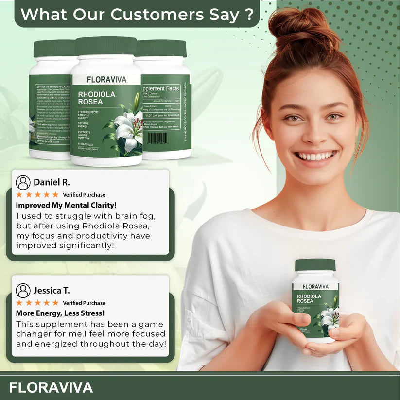 Rhodiola Rosea Capsules - Floravida for Energy, Focus, Mood - 60 Capsules.