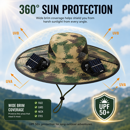 Solar Powered Fan Hat with 2 Removable Fans, Wide BrimSun Hat, UPF 50+ Bucket Fishing&Beach Hat, USB Solar
