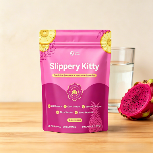 Slippery Kitty Feminine Probiotic + Moisture Gummies - All in One Solution with Slippery Elm 60 Count Pineapple Flavor