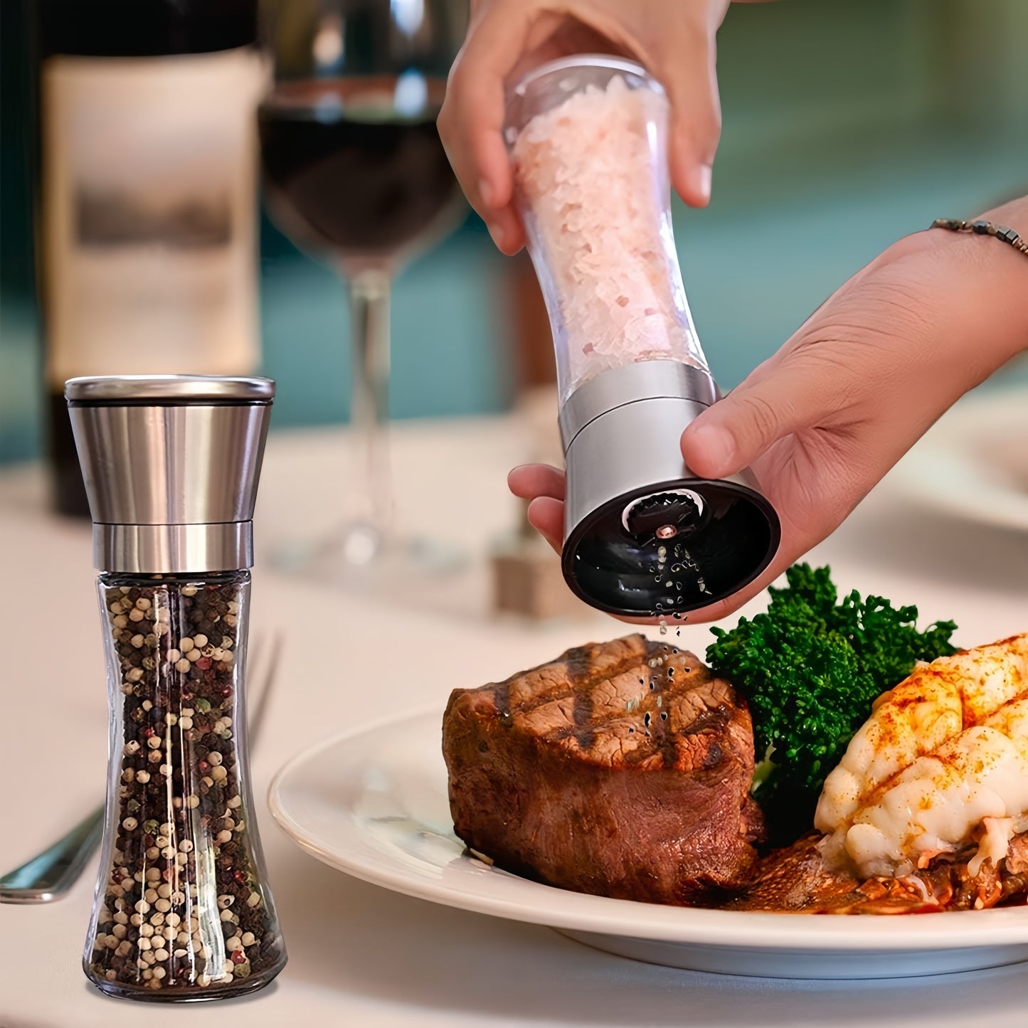 Stainless Steel Manual Salt & Pepper Grinder Set – Adjustable Coarseness, Refillable Glass Mills for Kitchen & BBQ