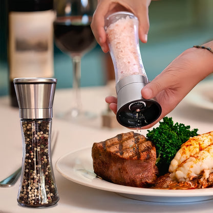 Stainless Steel Manual Salt & Pepper Grinder Set – Adjustable Coarseness, Refillable Glass Mills for Kitchen & BBQ