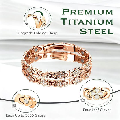 Feraco Women Pure Copper Clover Magnetic Bracelet, Zircon Inlay Adjustable Pain Relief Therapy Bangle