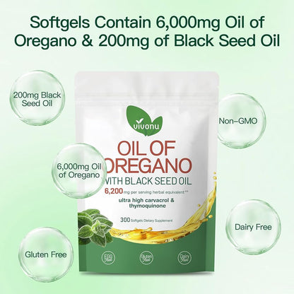 Oil of Oregano Capsules, Balanced Oil of Oregano with Black Seed Oil, Organic OreganoOil Softgels，Non-GMO