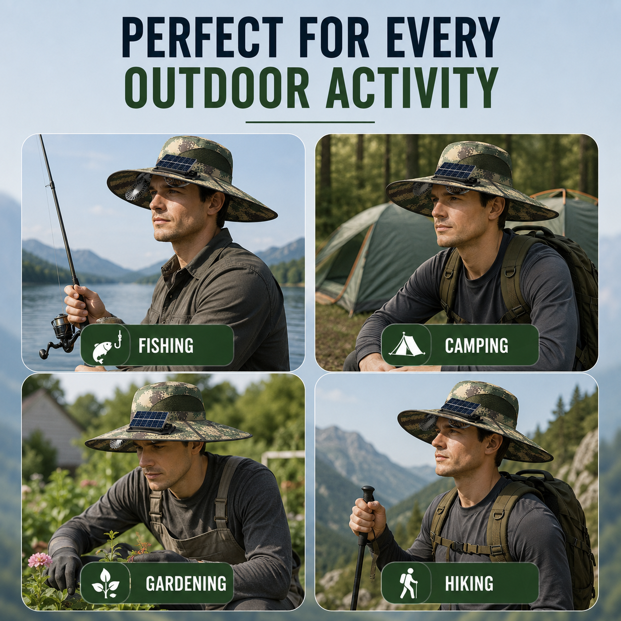 Solar Powered Fan Hat with 2 Removable Fans, Wide BrimSun Hat, UPF 50+ Bucket Fishing&Beach Hat, USB Solar