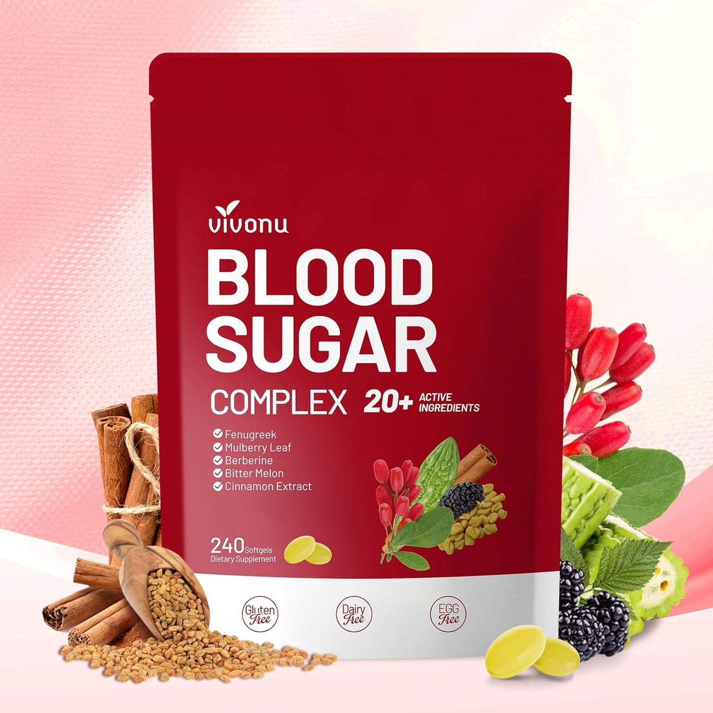 Blood Sugar Complex Supplement ,with 20 Herbs and Vitamins with Cinnamon, Turmeric and More, Non-GMO, Gluten-Free