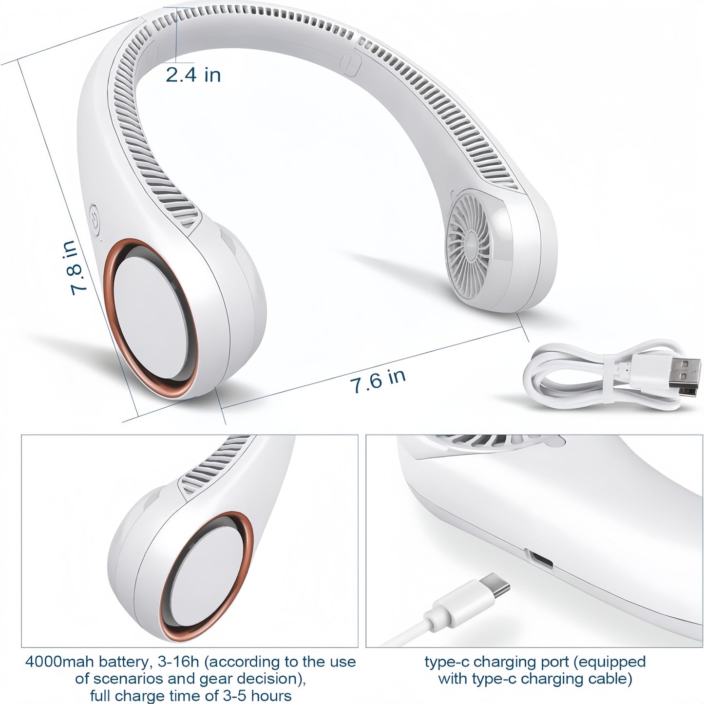 Portable Neck Fan – Hands-Free Bladeless 360° Cooling, 4000mAh USB Rechargeable, 3-Speed Quiet Wearable Fan