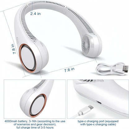 Portable Neck Fan – Hands-Free Bladeless 360° Cooling, 4000mAh USB Rechargeable, 3-Speed Quiet Wearable Fan