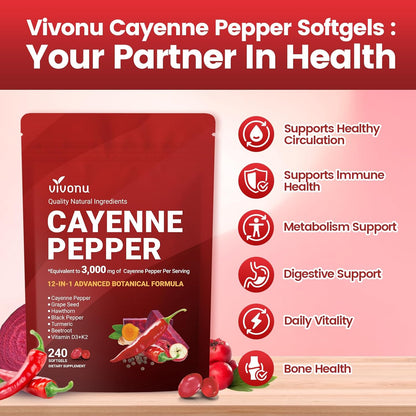 (54.99/3PC)Cayenne Pepper Softgels Supplement, Supports Leg Vein, Heart and Blood Vessel Health, with Vitamin E D3+K2 and Beetrootand Others(3PACKS)