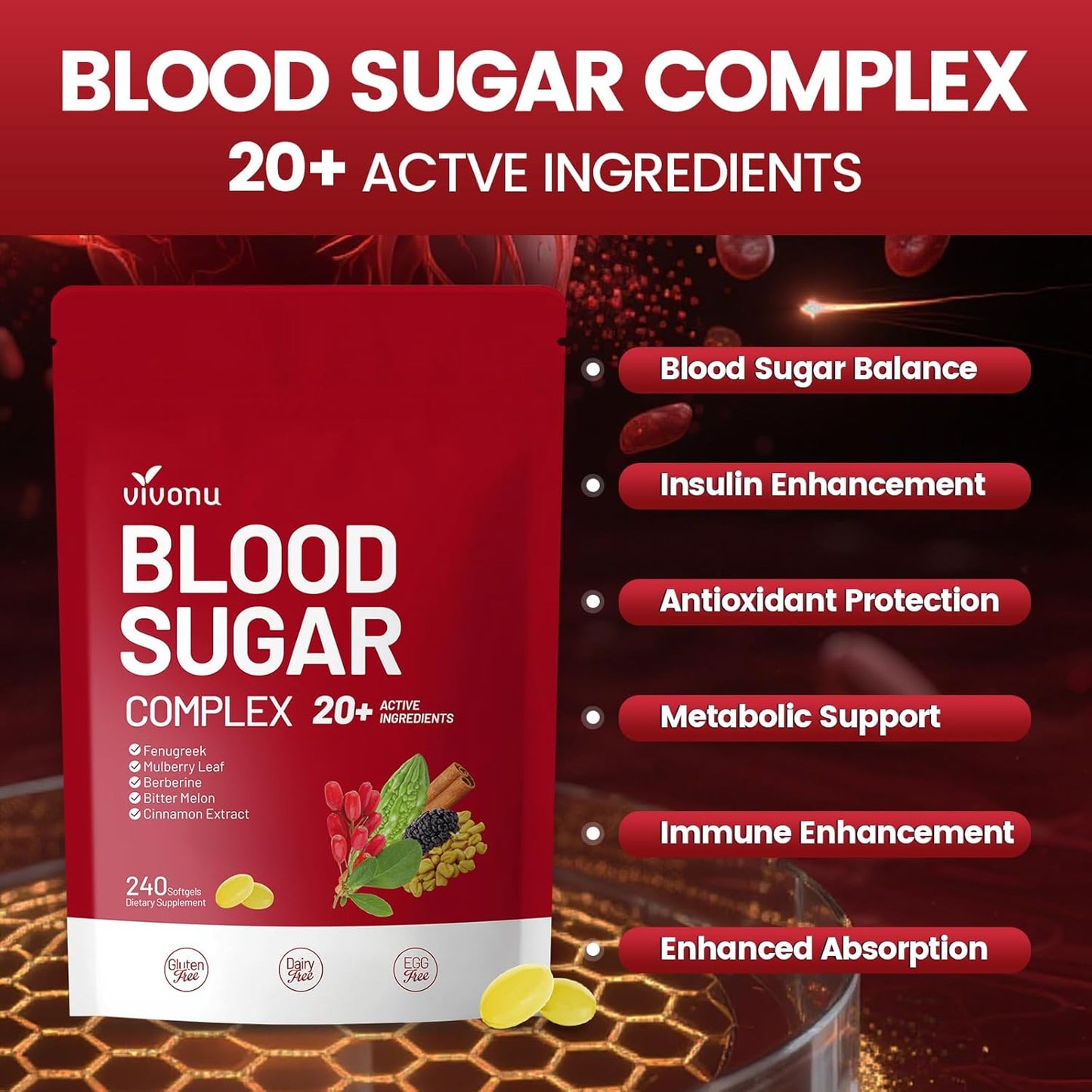 Blood Sugar Complex Supplement ,with 20 Herbs and Vitamins with Cinnamon, Turmeric and More, Non-GMO, Gluten-Free