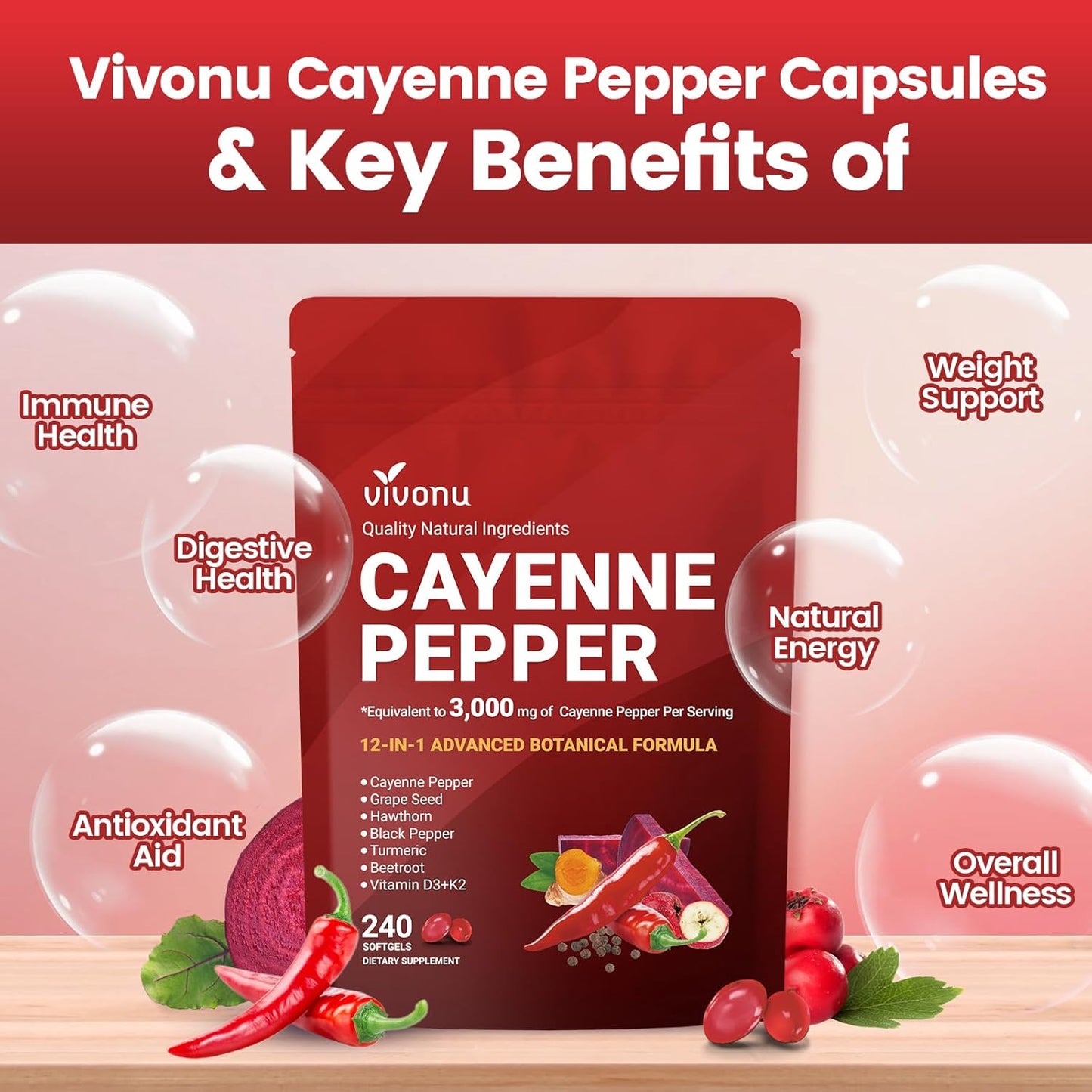 (54.99/3PC)Cayenne Pepper Softgels Supplement, Supports Leg Vein, Heart and Blood Vessel Health, with Vitamin E D3+K2 and Beetrootand Others(3PACKS)