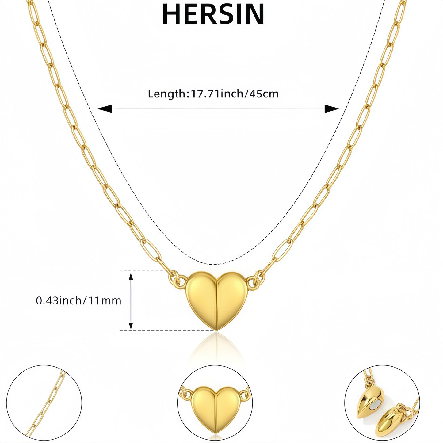Gold Heart Pendant Magnetic Necklace – Paperclip Chain with Love Heart Pendant