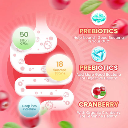 Feminine Balance Probiotic Gummies Vegan & Halal Formula for Yeast & pH Support | with Cranberry, 60 Gummies