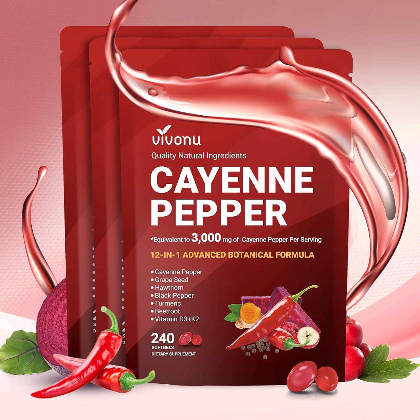 (54.99/3PC)Cayenne Pepper Softgels Supplement, Supports Leg Vein, Heart and Blood Vessel Health, with Vitamin E D3+K2 and Beetrootand Others(3PACKS)