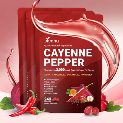 (54.99/3PC)Cayenne Pepper Softgels Supplement, Supports Leg Vein, Heart and Blood Vessel Health, with Vitamin E D3+K2 and Beetrootand Others(3PACKS)
