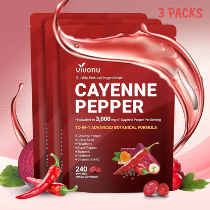 (54.99/3PC)Cayenne Pepper Softgels Supplement, Supports Leg Vein, Heart and Blood Vessel Health, with Vitamin E D3+K2 and Beetrootand Others(3PACKS)