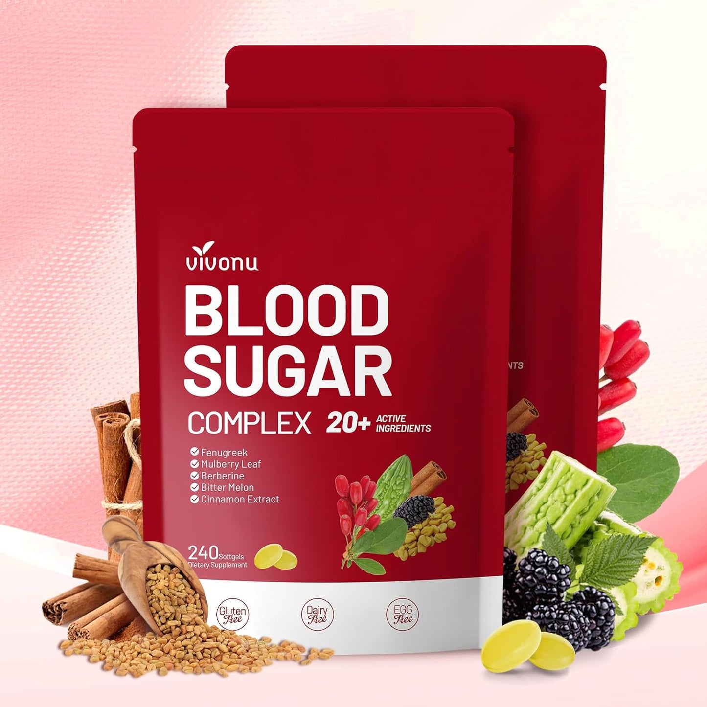 Blood Sugar Complex Supplement ,with 20 Herbs and Vitamins with Cinnamon, Turmeric and More, Non-GMO, Gluten-Free