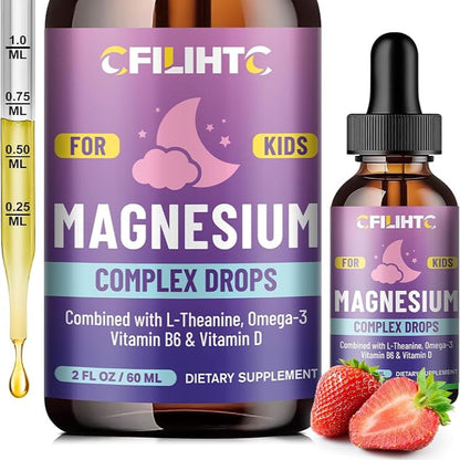 Kids Magnesium Liquid Drops- Omega-3, Vitamin B6, D3 - for Sleep, Relaxation, Brain, Bones