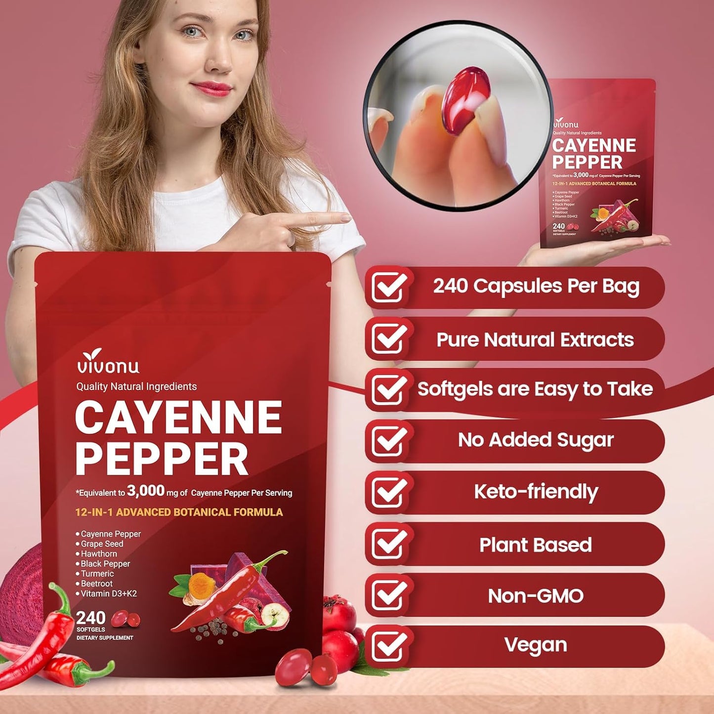 (54.99/3PC)Cayenne Pepper Softgels Supplement, Supports Leg Vein, Heart and Blood Vessel Health, with Vitamin E D3+K2 and Beetrootand Others(3PACKS)